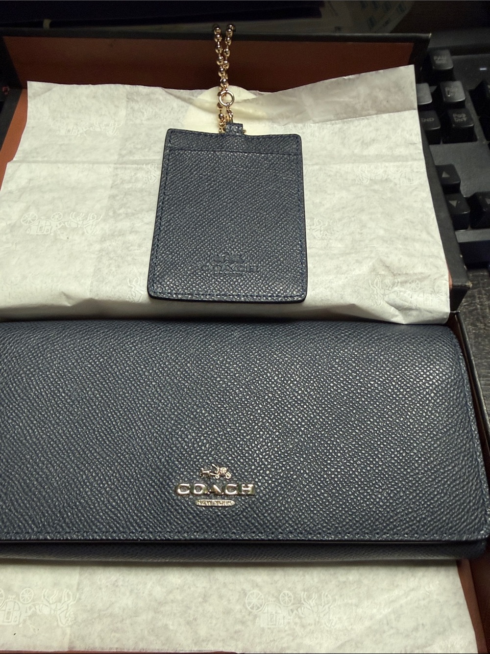 Coach Navy Pebbled Leather Wallet and Card Holder with Gold Hardware